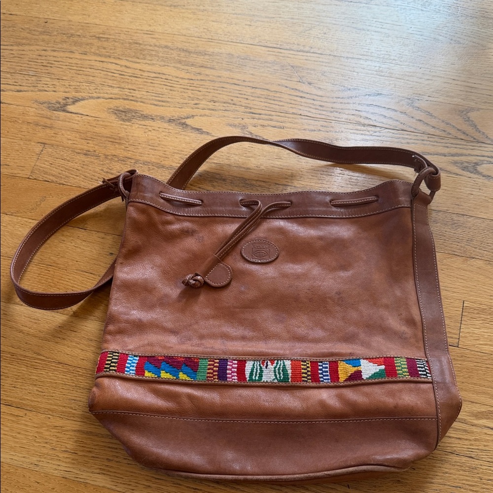 Vintage TaTa boho Leather Shoulder Bag with Colorful Beaded Trim - Brown